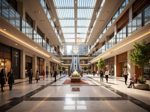 Polished marble floors, sleek metal railings, wooden accents, natural stone walls, vibrant LED lighting, futuristic escalators, spacious atriums, luxurious chandeliers, modern minimalist design, high