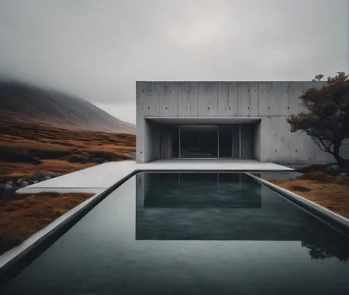 a modern house standing in a body of calm water, a matte painting, inspired by Tadao Ando, unsplash contest winner, minimalism, brutal concrete interiors, beautiful serene landscape, concrete wall, be