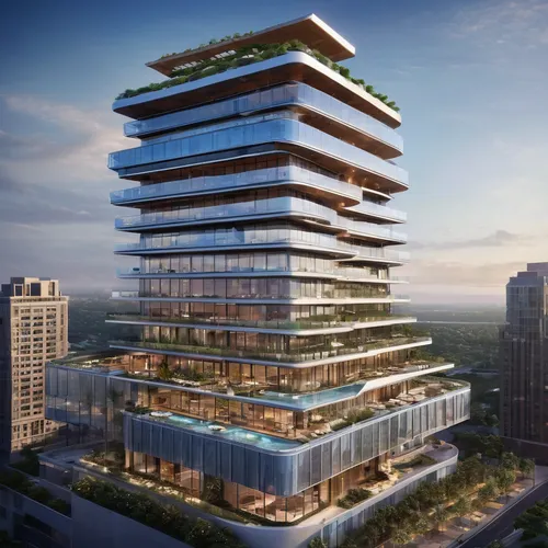 Two 14 stories, solor glass, renewable energies, triangular outer buildings, one 14 stories octagonal center building, three pools, one rooftop deck pool, balconies on one building,,skyscapers,tallest