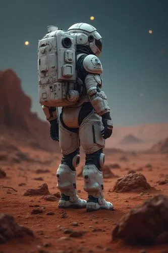 Science fiction scene. Space. Exploration robots, Mars. Living quarters with lights and headlights. Photo. Hyper-realistic image. Perfect.,an astronaut stands with a piece of equipment in one hand,rob