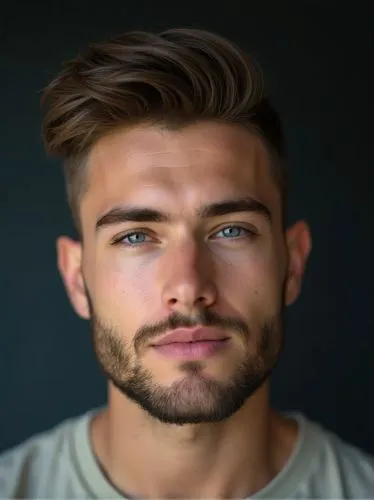 A close-up portrait of a young man with a medium complexion and a well-groomed, neatly trimmed beard and mustache. His hair is styled in a high, swept-back fashion with a subtle gradient from dark bro