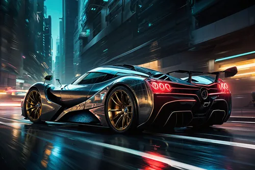 A hypercar with a futuristic aerodynamic design, featuring a reflective metallic blue body and luxurious golden rims, speeding through a neon-lit urban city street at night. The rear of the car has ag