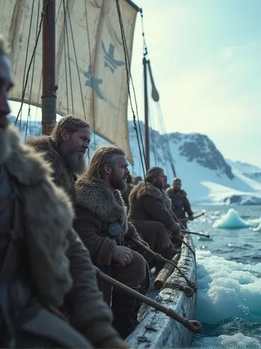 Viking explorers navigating a longship through icy northern waters, their faces filled with focus and adventure as they sail into uncharted territory, ''9th century'', ''a group of Viking sailors aboa