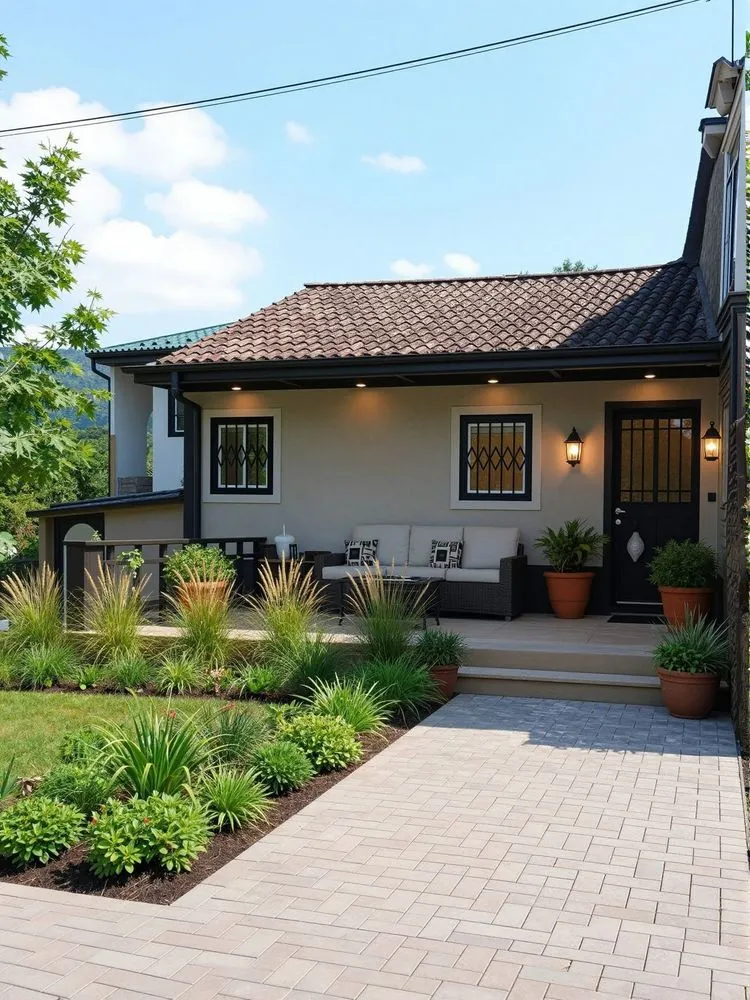 an image of a house with pots of plants in the garden