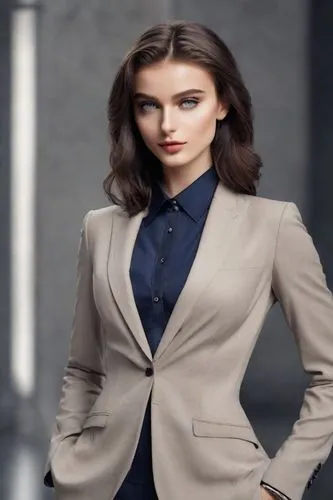 an image of a woman standing with her hands on hips,woman in menswear,menswear for women,business woman,businesswoman,navy suit,business girl