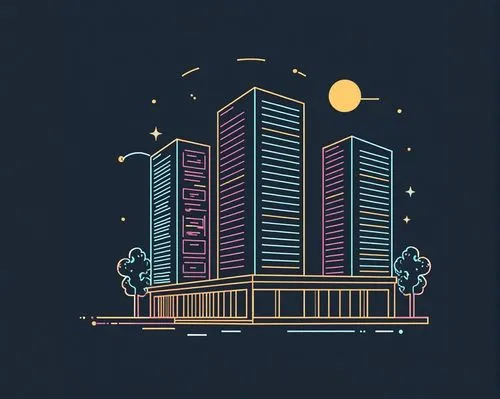 a building,buildings and trees with the moon in the sky,cyberjaya,makati,nairobi,klcc,luanda,kampala,Illustration,Black and White,Black and White 01
