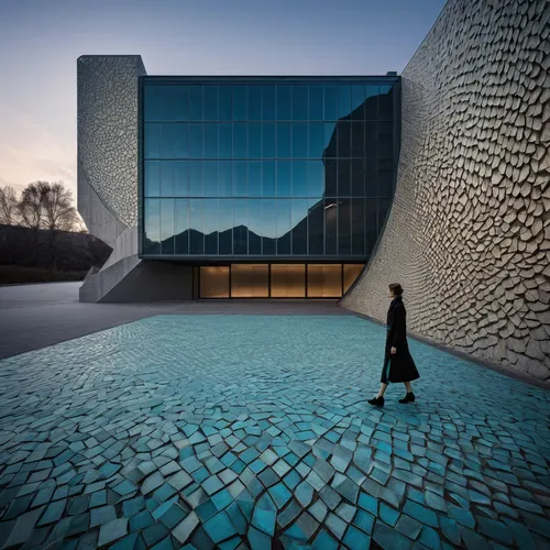 modern building with smooth details and precise lines, an attractive fashion model stands ,soumaya museum,futuristic art museum,mercedes-benz museum,glass facade,futuristic architecture,building honey