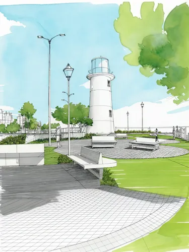 a large lighthouse sitting in the middle of a park,sun salutation,yoga day,yogic,yoga mat,yoga mats,half lotus tree pose