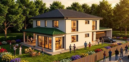 erzeuge eine fotorealistische Darstellung des Gebäudes, aber verändere die Architektur nicht, keine Dachterrasse, sondern ein Walmdach, auf der Garage befindet sich ein Gründach , feiernde Menschen im