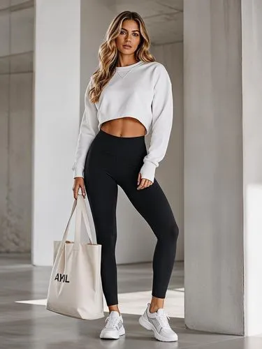 An ultra-detailed, hyper-realistic full-body fashion photography showcase capturing a slender, athletic Caucasian woman standing in a striking, confident pose inside a minimalist architectural studio.