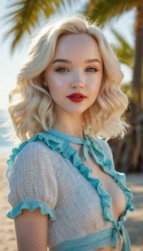 Dove Cameron, sexy lady, solo, (20yo), beautiful detailed eyes, light blush, blonde hair, mole above lip, red lips, shiny skin, beachy waves hairstyle, yellow bikini, high-waisted, ruffled trim, tied 