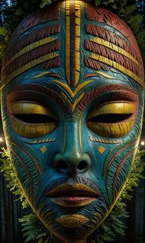 the head of an african american man with many colorful designs,wooden mask,totem,indigenous painting,avatar,totem pole,wood carving