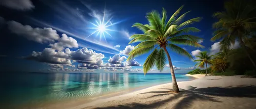 an artistic painting of a palm tree on a sandy beach,coconut tree,dream beach,coconut trees,tropical beach,beach landscape,cook islands,sunburst background,coconut palm tree,beautiful beach,beautiful 