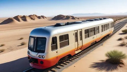 a passenger train traveling through the desert near some sand hills,high-speed train,light rail train,long-distance train,high-speed rail,electric train,high speed train,car train,sky train,passenger 