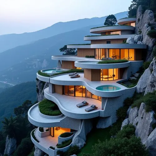 Ein modernes, organisch gestaltetes Gebäude, das sich elegant an einen felsigen Aussichtspunkt anschmiegt und einen weiten Ausblick ins Tal bietet. Die Architektur zeichnet sich durch geschwungene Lin