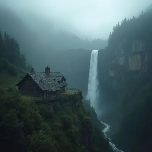 a house sitting on a cliff in the fog,house in mountains,house in the mountains,lonely house,foggy landscape,house with lake,the cabin in the mountains,house in the forest,beautiful landscape,home lan