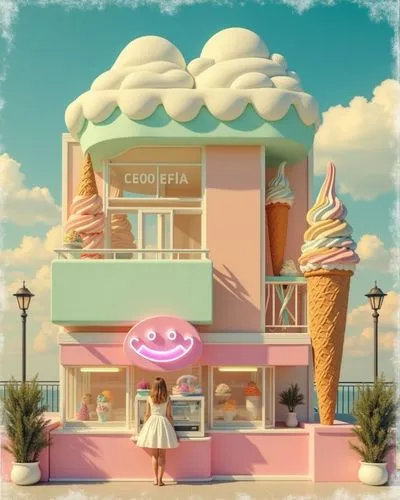 a pink ice cream parlor with a person and a happy face,ice cream shop,ice cream stand,ice cream parlor,ice cream icons,ice cream cone,ice cream cones,cones-milk star,soda shop,pink ice cream,ice cream