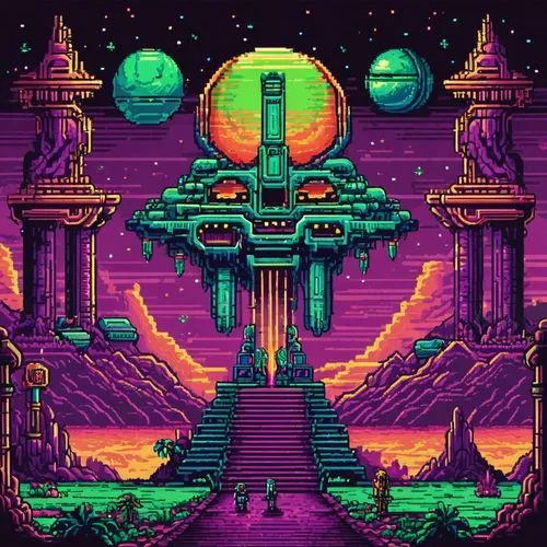 Pixel Art， game Scene,technodrome,80's design,alien planet,xanadu,pixel art,alien world,metroid,space port,majora,retro background,scifi,ancient city,sci - fi,gas planet,futuristic landscape,planet al