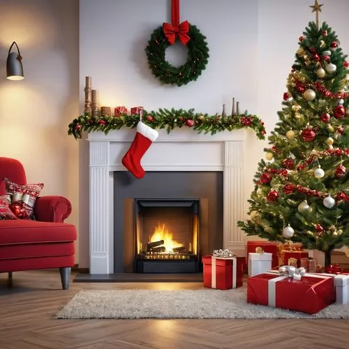 cear una imagen realista calidad hd , con un salon con adornos de navidad,un pino con regalos abajo y una chimenea encendida ,two christmas stockings hung by the fireplace and in a room with presents,