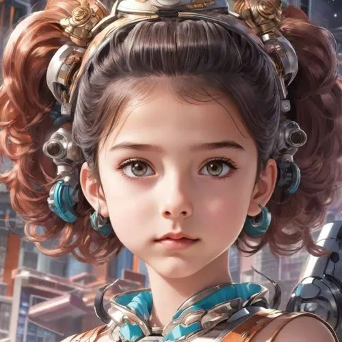 an animated little girl with brown hair in a futuristic city,fantasy portrait,belle,doll's facial features,baroque angel,girl portrait,world digital painting,cherubic,pompadour,marina,mystical portrai