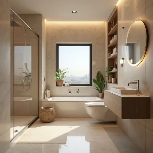 
A modern and elegant bathroom with a warm, earthy aesthetic, featuring walls and floors clad in polished beige marble with subtle natural veining, creating a seamless and luxurious look, the room is 