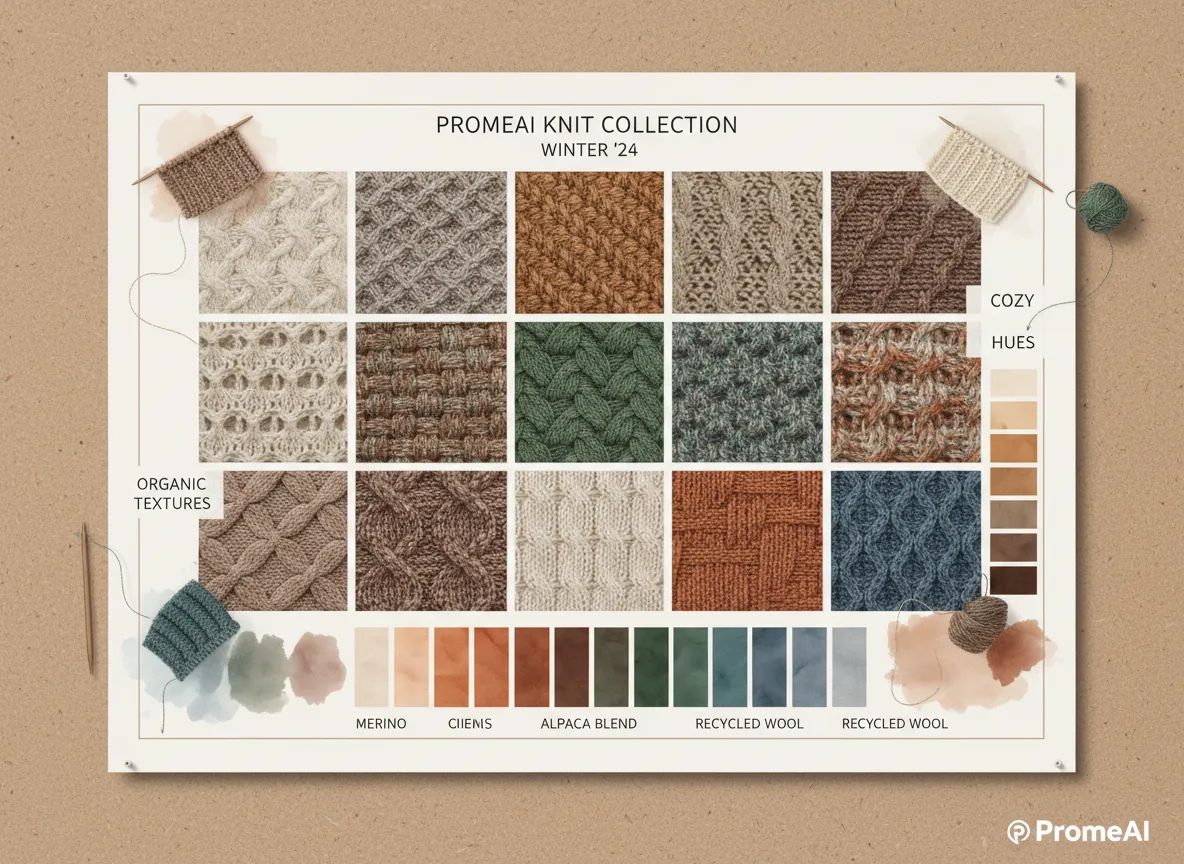 La mood board di un designer creata con PromeAI, che mostra vari campioni di lana a maglia e palette di colori.