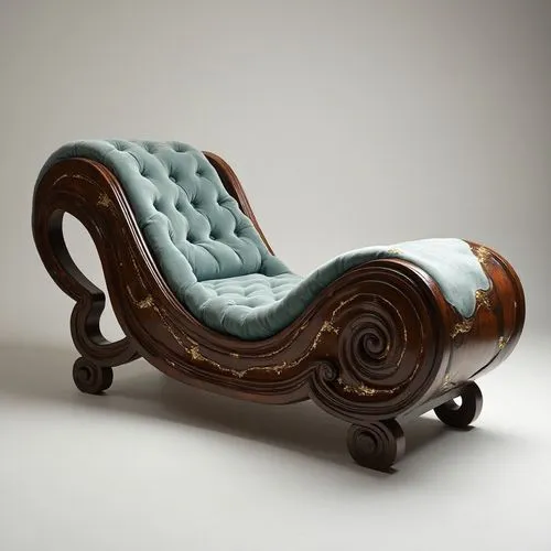 Chaise longue inspired by an ocean wave, with flowing wood carving in dark cherry, brass inlay following the foam lines, and a velvet cushion that blends into the curvature.,a couch made to look like 