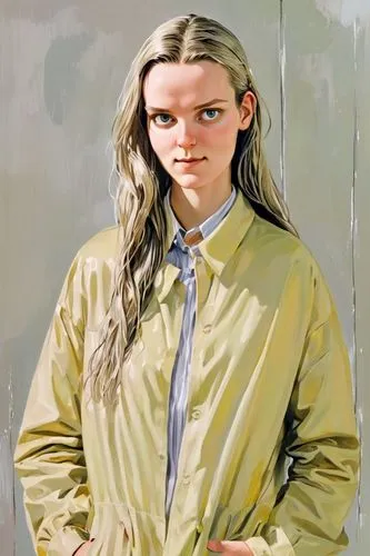 the portrait  woman with long  wet  hair, Oil painting in the style of artist David Hockney,the woman is standing outside with her hand on her hip,oilskin,oil painting,photo painting,woman in menswear