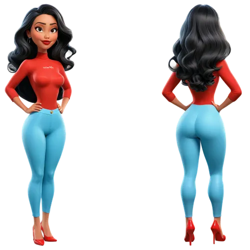 Create only high resolution images, pixar 3d, 4k, character sheet style, like a paper doll, A pose style. She must be wearing light blue spandex leggings with visible panty lines and a transparent blo