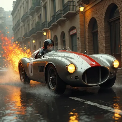 A dynamic, photorealistic digital illustration or CGI render of a vintage, mid-20th-century open-top race car, such as an Aston Martin or Maserati, speeding through a wet, narrow urban street in a Eur