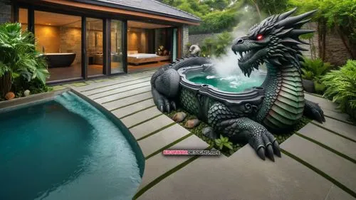 ВАННАЯ КОМНАТА С ДЖАКУЗИ И БАССЕЙНОМ ,the dragon shaped  tub in the backyard is surrounded by greenery and a pool,exotic bird,bird bath,peacock,birdbath,feather on water,tropical bird,diving bird,rave