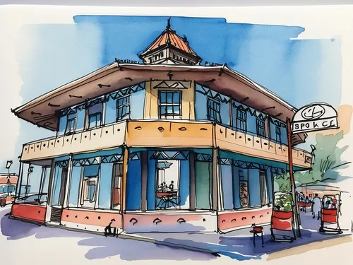 Puntarenas, Costa Rica,watercolor cafe,watercolor tea shop,watercolor shops,shopfronts,store fronts,watercolor sketch,french quarters,ice cream parlor,a restaurant,coffee watercolor,coconut grove,bist