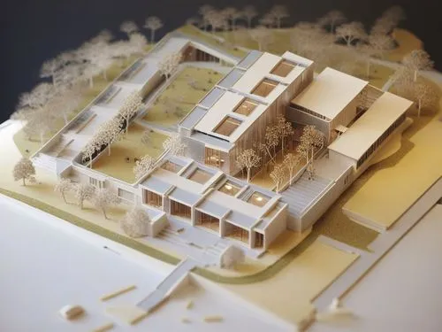 a model of a building and some trees,prefab,prefabrication,prefabricated,model house,prefabs,school design