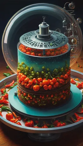 In a futuristic world, a scientist invents a mind-altering pepper cake capable of altering memories.,candy cauldron,orrery,cake stand,confectioner,saucer,fruit cake,cassata,gumball machine,cookie jar,