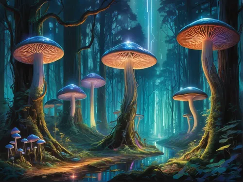 a forest with mushrooms growing under trees,mushroom landscape,forest mushrooms,fairy forest,mushroom island,toadstools,blue mushroom,fairy world,forest mushroom,brown mushrooms,cartoon forest,elven f