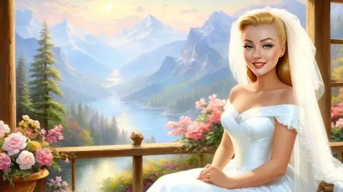 Romantic masterpiece oil painting, 1950's kitsch style, mountain cabin veranda, bridal veil, high res, by Thomas Kinkade, by Bob Ross,painting of the bride looking out a window,blonde in wedding dress