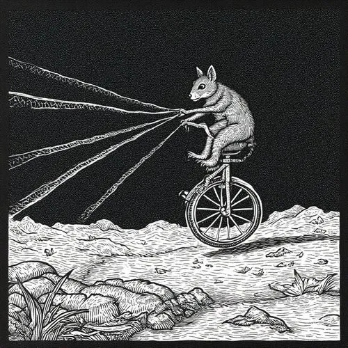 Using this style, a squirrel on a unicycle traverses lunar craters, lasers decoding alien glyphs projected as neon rainbows amidst stardust storms.,an animal riding a bicycle on the beach,bicyclist,cy