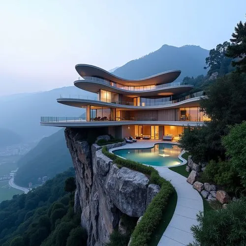 Ein modernes, organisch gestaltetes Gebäude, das sich elegant an einen felsigen Aussichtspunkt anschmiegt und einen weiten Ausblick ins Tal bietet. Die Architektur zeichnet sich durch geschwungene Lin