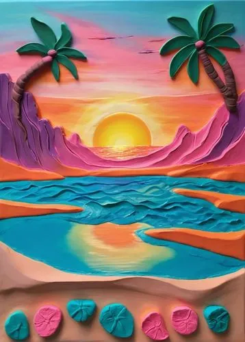 Textured painting. Sunset Reflection across the Lagoon. Tropical island lagoon at sunset, warm orange and pink light reflecting across shallow turquoise water. Dramatic cliffs cast long shadows toward