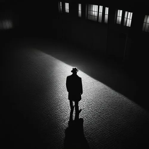 Surreal Cinematic Minimalistic Shot in the style of Film Noir --v 5.2 --s 500 --c 20 --ar 9:16,a man in dark room with windows looking at him,silhouette of man,ostroh,man silhouette,film noir,shadowme