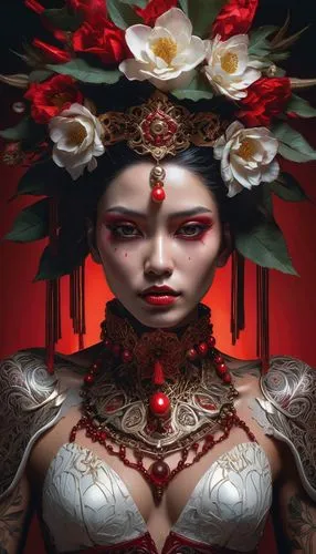 A woman with a porcelain skin, like complexion, adorned with intricate red and white tattoos, stares directly at the viewer. Her eyes are a deep crimson, and her lips are painted a soft red. She wears