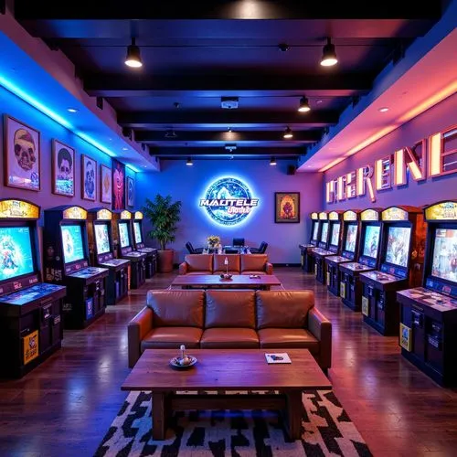 Vibrant game room, neon-lit arcade machines, bold colored walls, electric blue accents, warm golden lighting, cozy leather sofas, reclaimed wood tables, geometric patterned rugs, immersive virtual rea