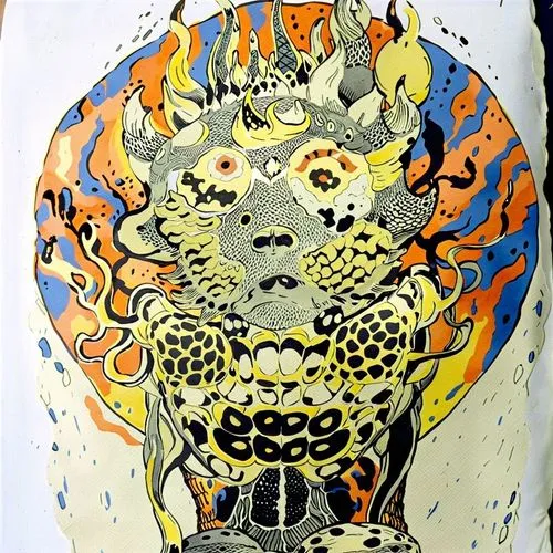 a drawing of a man with an evil face on his chest,cheetah,leopard head,tribal bull,sun god,leopard,leopards,tiger head,sun king,jaguar,shaman,monkey god,tiger,forest king lion,fire mandala,chimeras,in