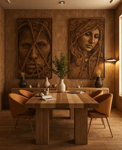 A dining space with a warm, moody ambiance featuring two large textured wall art pieces depicting abstract faces. A sturdy wooden dining table is paired with cushioned chairs in a muted orange tone. D
