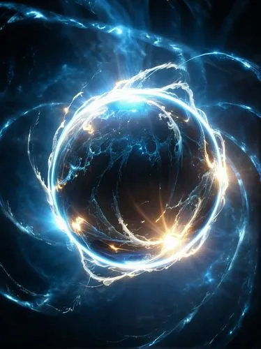 a glowing orb of light surrounded by swirling blue energy and wispy trails. The background is dark, enhancing the luminous intensity of the orb. The overall effect conveys a sense of magic or energy e