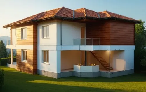 a house that is built with wood and grass,3d rendering,cubic house,small house,wooden house,miniature house,modern house