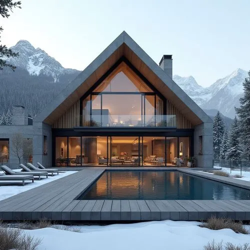 A hyper-realistic, high-resolution architectural photograph of a luxurious, alpine-style modern villa nestled in a mountainous landscape. The home features a prominent A-frame roof and is constructed 