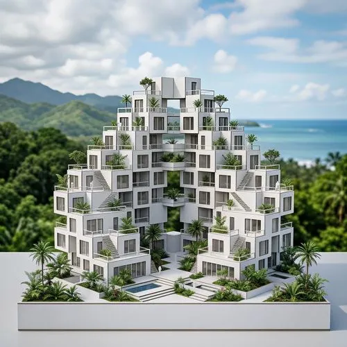 Miniature Bjarke Ingels staggered pixel architecture, symmetry, modern, chipboard, futuristic minimalist building facade. Puerto Rico Tropical views of the Landscape gardens architecture, symmetric, s