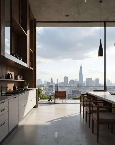 A minimalist, luxurious kitchen and dining area with sleek cabinetry and countertops, , while the dining area includes a long, elegant table with and luxurious chairs. The space is illuminated by mode