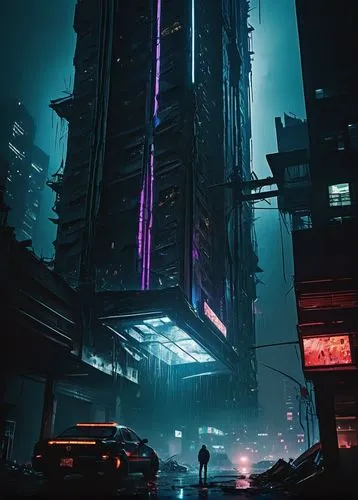 Dark, futuristic skyscraper, sharp-edged, metallic structure, neon lights illuminating the night sky, shattered glass, twisted metal debris scattered around, broken concrete pillars, aggressive angles